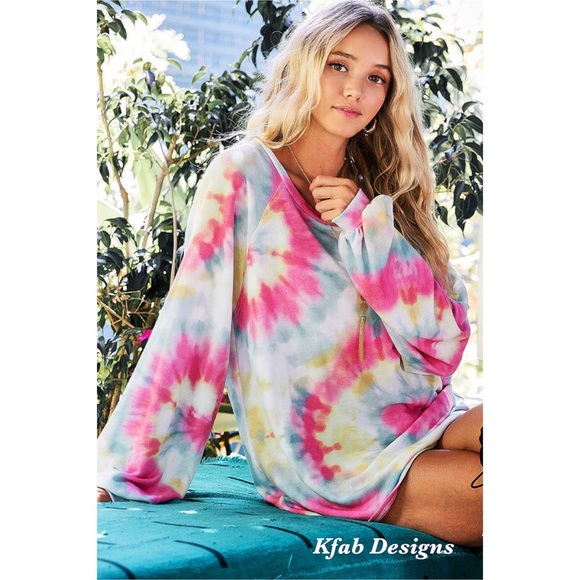 💖LAST 1 Pink French Terry Tie Dye Puff Sleeve Top - Picture 8 of 9